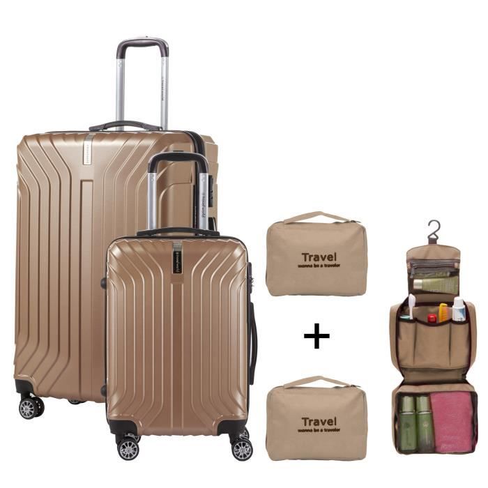 TRAVEL WORLD Ensemble de Valises 55/75 cm avec 2 trousses de toilettes - Couleur Champagne