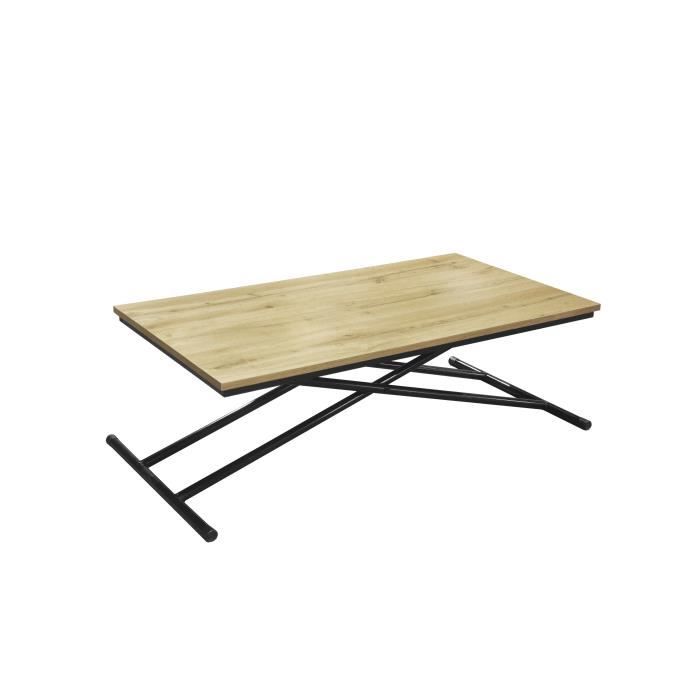 SAMANTHA Table Up and Down - Pieds métal noir et décor chêne naturel - L 110 x P 60 x H 39-75 cm