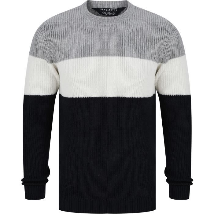 KENSINGTON EASTSIDE Pull Col Rond Tricolore Gris Clair/Ecru/Bleu Marine Homme