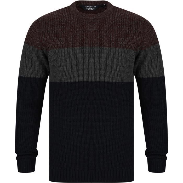 KENSINGTON EASTSIDE Pull Col Rond Tricolore Rouge Bordeaux/Gris Foncé/Bleu Marine Homme