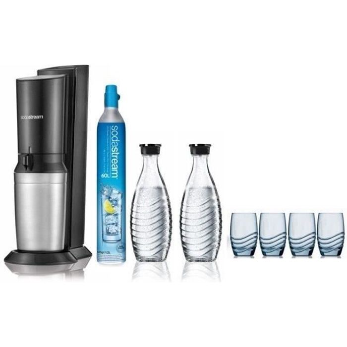 SODASTREAM Pack Machine à gazéifier Crystal Blanche + 2 Carafes en verre + 4 verres sérigraphiés