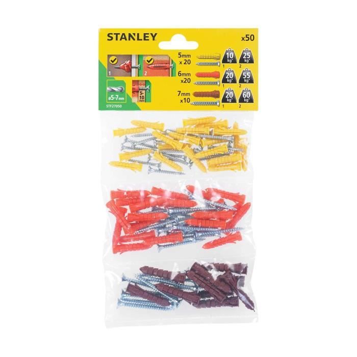 STANLEY Sachet souple transparent de 50 chevilles en nylon ø 5, 6 et 7 mm avec vis à tête fraisée STF27050-XJ