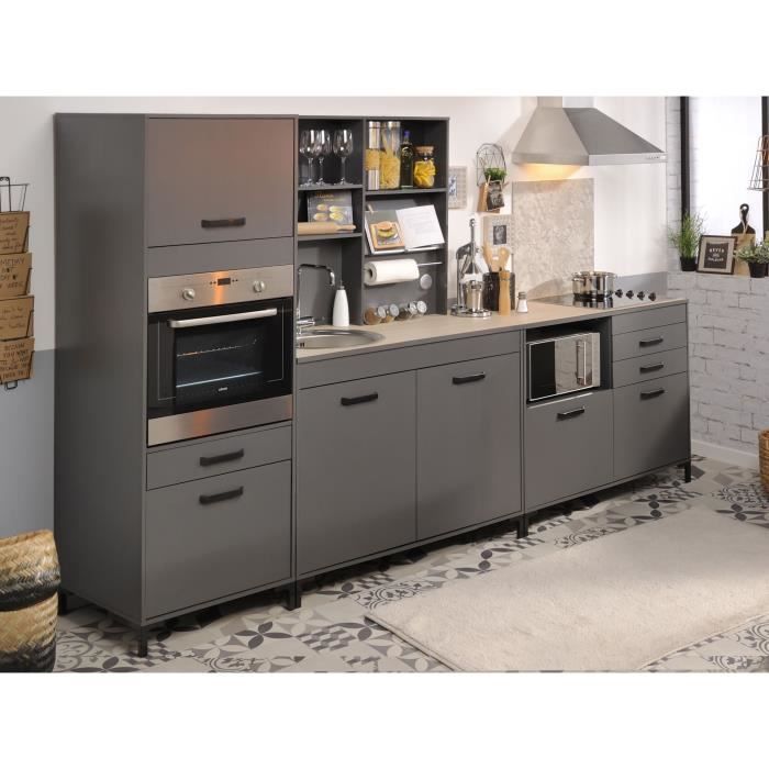 STORM Cuisine complète Compo 296 - Coloris gris ombre - L296 x P60 x H188 cm - Crédence 3 étagères +
