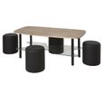 Ensemble Table basse - Plateau bois et verre et 4 poufs simili - Noir - L 120 x P 60 x H 45 cm-2