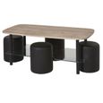 Ensemble Table basse - Plateau bois et verre et 4 poufs simili - Noir - L 120 x P 60 x H 45 cm-3