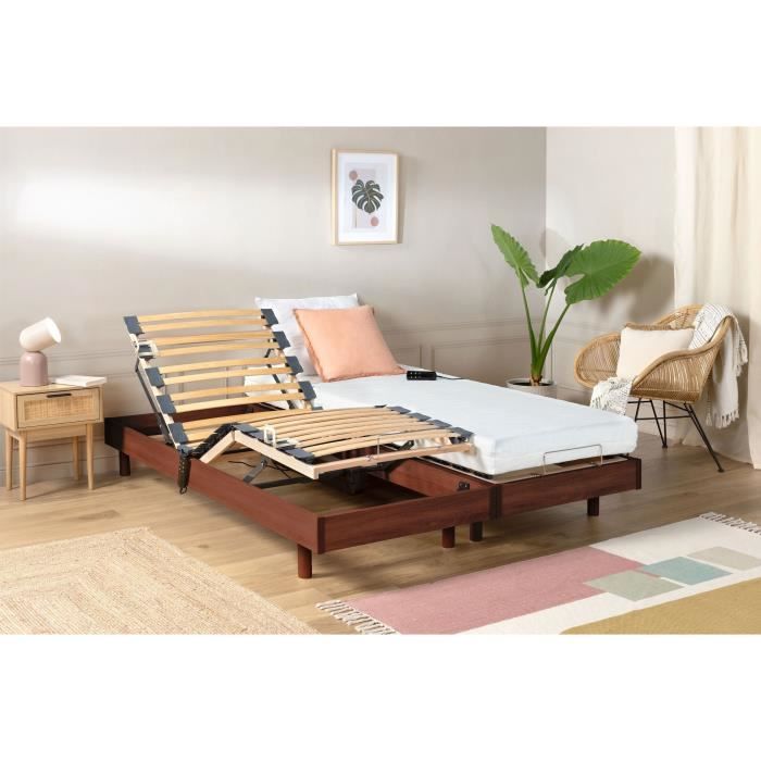 Ensemble relaxation TALCA matelas + sommiers électriques décor cerisier 2x70x190 - Mousse - 14 cm - 