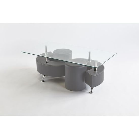 WANDA Table de salon avec 2 poufs - Simili Gris - L 130 x P 70 x H 45,5