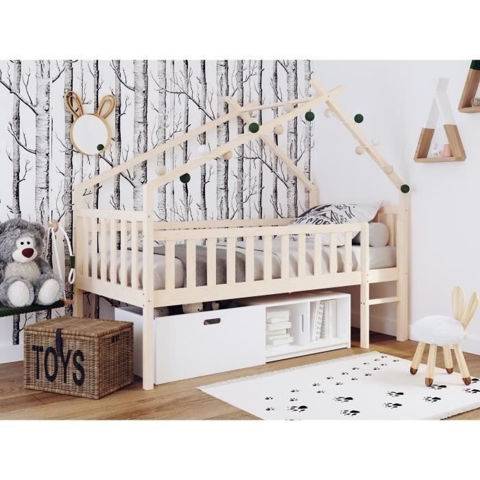 Elidja Lit Cabane Sureleve Enfant 90x190 Cm Avec Bacs De Rangements Pin Massif Bicolor Brut Et Blanc Sommier Inclus Cdiscount Maison