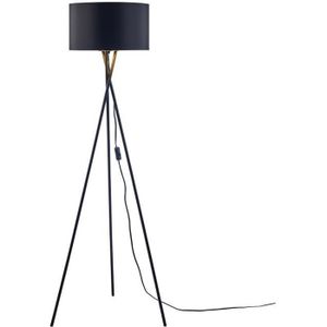 LAMPADAIRE MIKADO - Lampadaire Trépied Métal Noir - Abat jour tissu Noir et doré - Diam 34 x H 140 cm