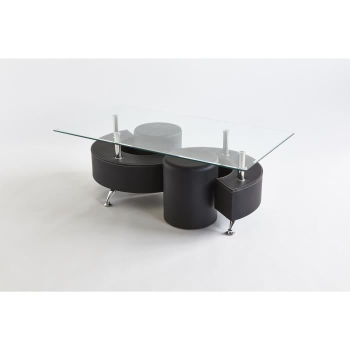 table de salon avec 2 poufs - wanda - simili noir - l 130 x p 70 x h 45,5