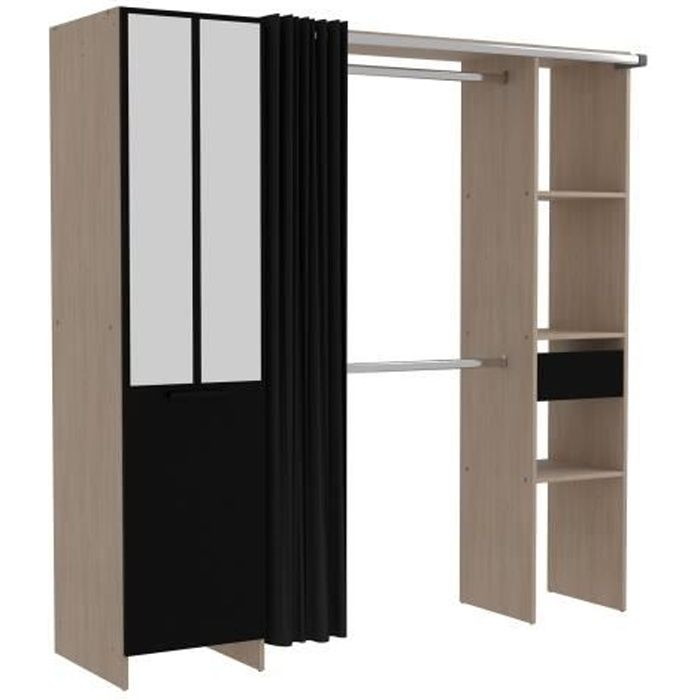 Dressing ARTIC avec rideau - EKIPA - Décor Chêne et noir - 1 colonne + 1 armoire + 2 penderies + 2 t