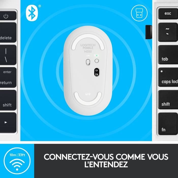 Souris Logitech Pebble Mouse 2 M350s souris fine sans fil Bluetooth,  portable, légère - Blanche - 910-007013