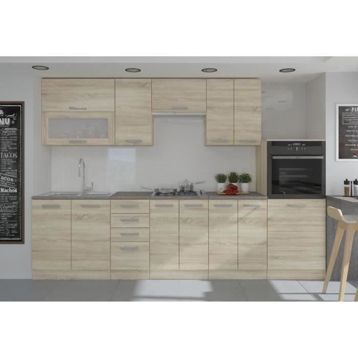 LASSEN Cuisine complète L 300 cm avec demi-colonne four et hotte - Décor chêne sonoma