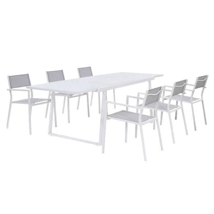 Ensemble repas 6 personnes - Table extensible aluminium avec plateau en verre 160/240 + 6 fauteuils assise textilène - Blanc