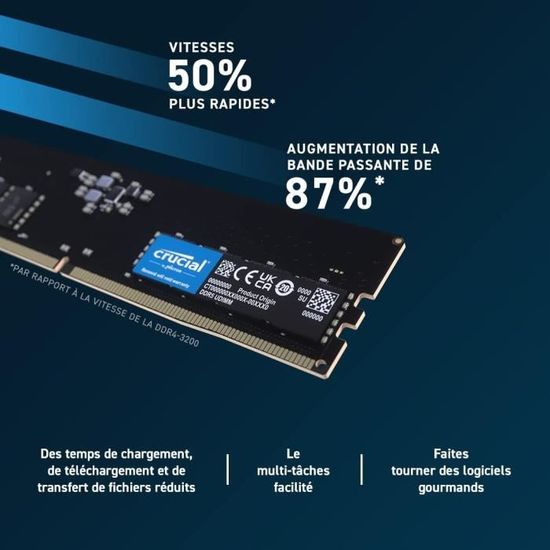 Mémoire RAM - CRUCIAL - DDR5-4800 UDIMM - 16 Go (CT16G48C40U5