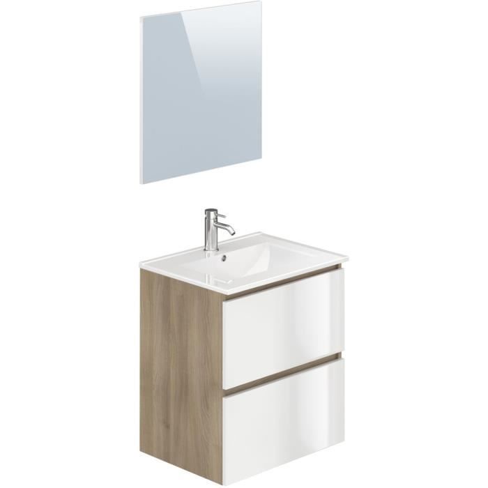 Meuble vasque MYSTIC 60cm - 2 tiroirs - Mélaminé chêne et blanc brillant