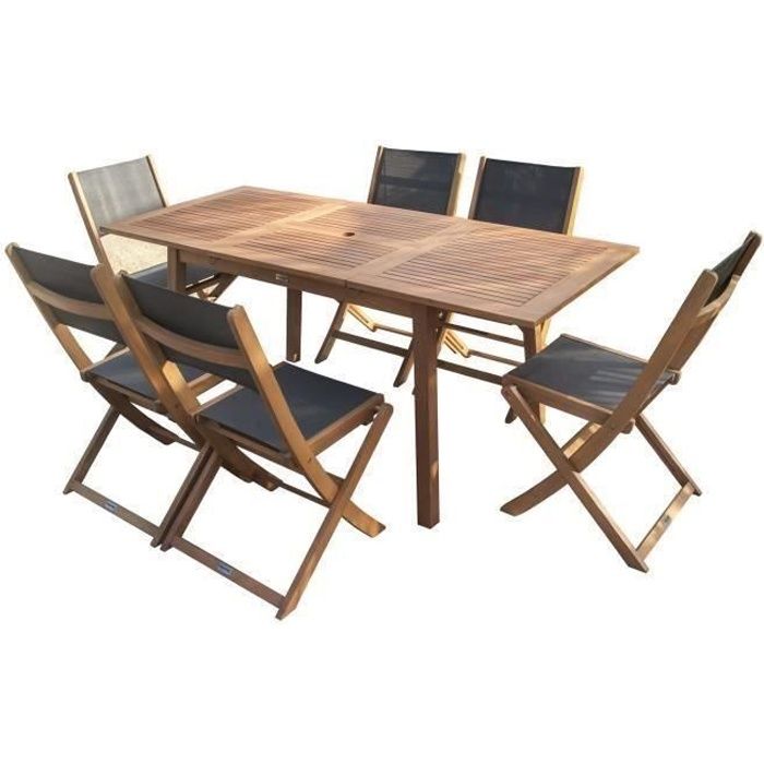 Ensemble repas de jardin 4 à 6 personnes - Table extensible 120/180 x 80 cm + 6 chaises assises textilène - Bois Eucalyptus FSC