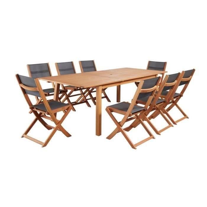 Ensemble repas de jardin 6 à 8 personnes - Table extensible 180/240 x 100 cm + 6 chaises assises textilène - Bois Eucalyptus FSC