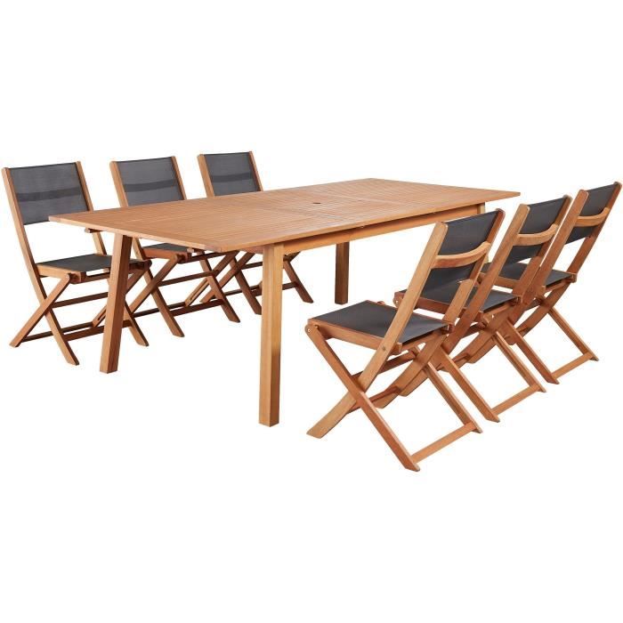 Ensemble repas de jardin 6 à 8 personnes - Table extensible 180/240 x 100 cm + 6 chaises assises textilène - Bois Eucalyptus FSC