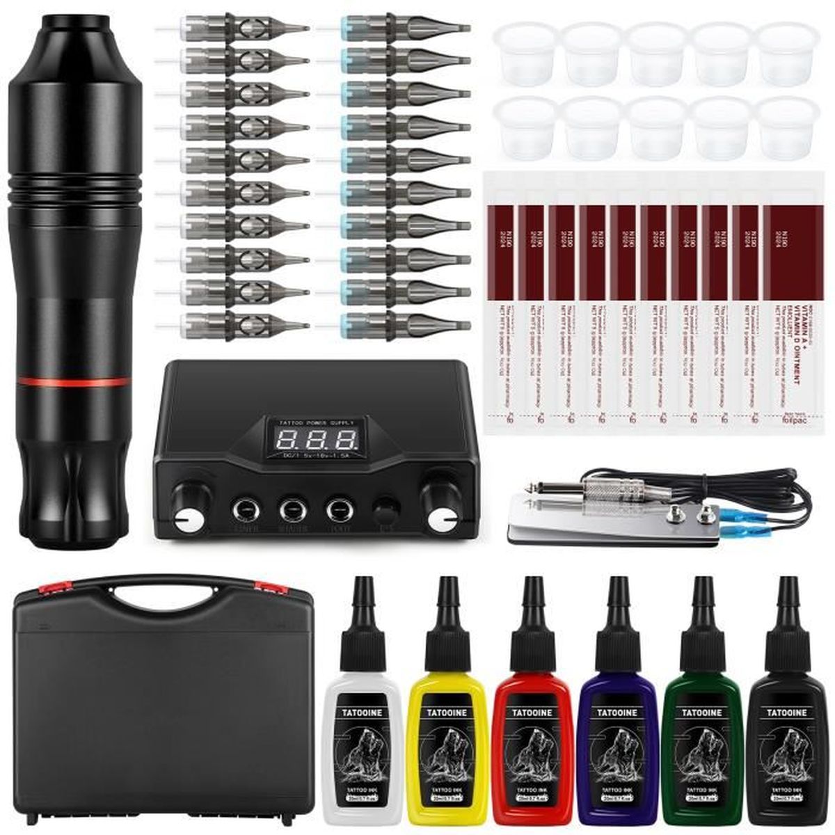 TATOOINE Kit complet de stylo de tatouage rotatif aiguilles de tatouage pédales et bloc d