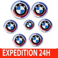 KIT 7 Badge LOGO Embleme BMW Édition 50e Anniversaire Capot 82mm+ Coffre 74mm +Volant + 4 X Cache Moyeu 68mm