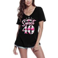 Femme Tee-Shirt Col V Sweet 40 - Queen Crown 40th 40 Ans T-Shirt Cadeau 40e Anniversaire Vintage Année 1983 Noir