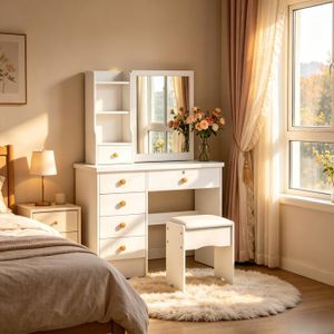 Coiffeuse Avec Miroir LED Et Tabouret – 3 Lumières Réglables + Port USB – Plateau Verre Transparent 55x40x152 Cm – Blanc