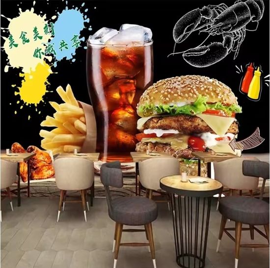 Papier peint 3D personnalisé pour hamburgers Fast Food Restaurant Papier peint mural 3D Snack Bar Hamburger Frites Papier peint 430 cm x 300 cm