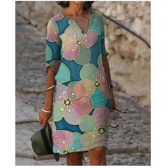 Robe Femmes robe droite genou longueur robe demi manches fleur couleur bloc ete automne col en V decontracte chaud Type 3 Blanc Cdiscount Pret a Porter