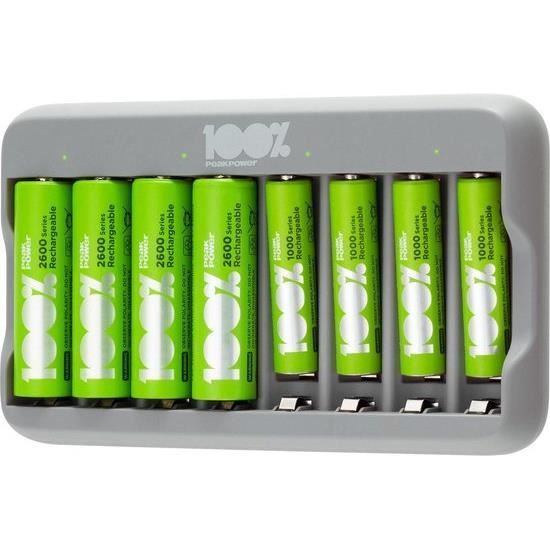 Chargeur 8 Piles Rechargeables AA et AAA avec 4 Piles AA et 4 Piles AAA Minh Rechargeables | 100% PEAKPOWER | Chargeur Rapide USB