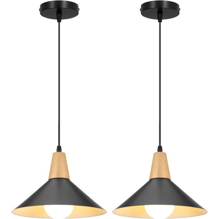 Lot De 2 Lampes Suspendues Chrome Et Bois Mid-Century - Suspension Luminaire Vintage Moderne E27 Pour Chambre, Salle à Manger & Café