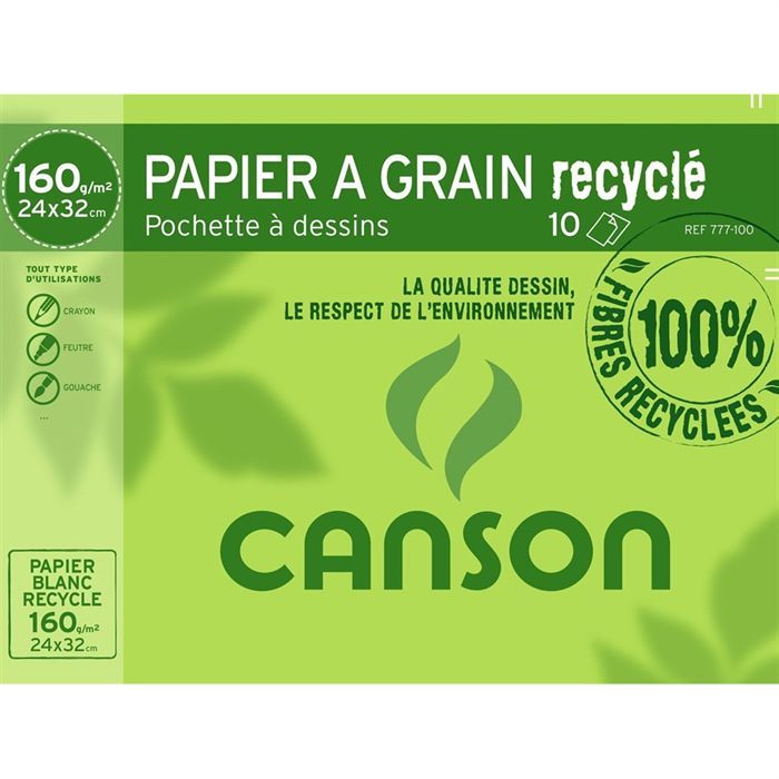 CANSON - Pochette papier dessin C à grain - 24 x 32 cm - 160g - 10 feuilles - Blanc recyclé