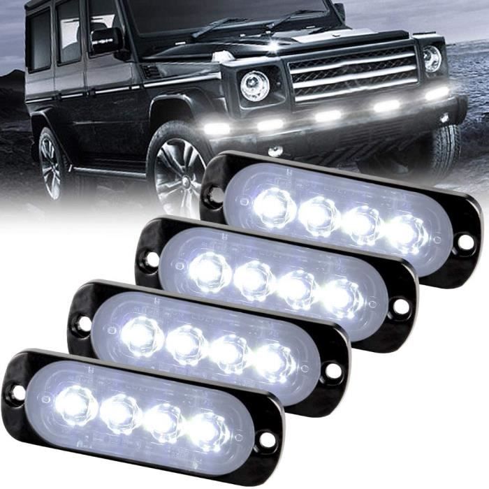 Feux Stroboscopique Urgent Avertissement Flash Danger Lampe d'avertissement 4 LED Blanc pour Véhicule Camion Remorque 12-24V (4pcs)