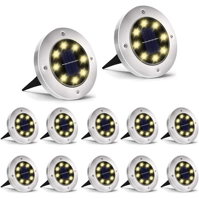 HiO 12 pièces Lumière Solaire Extérieur, Lampe solaire pour jardin 8 LED solaires en acier inoxydable étanche pour extérieur Blanc C