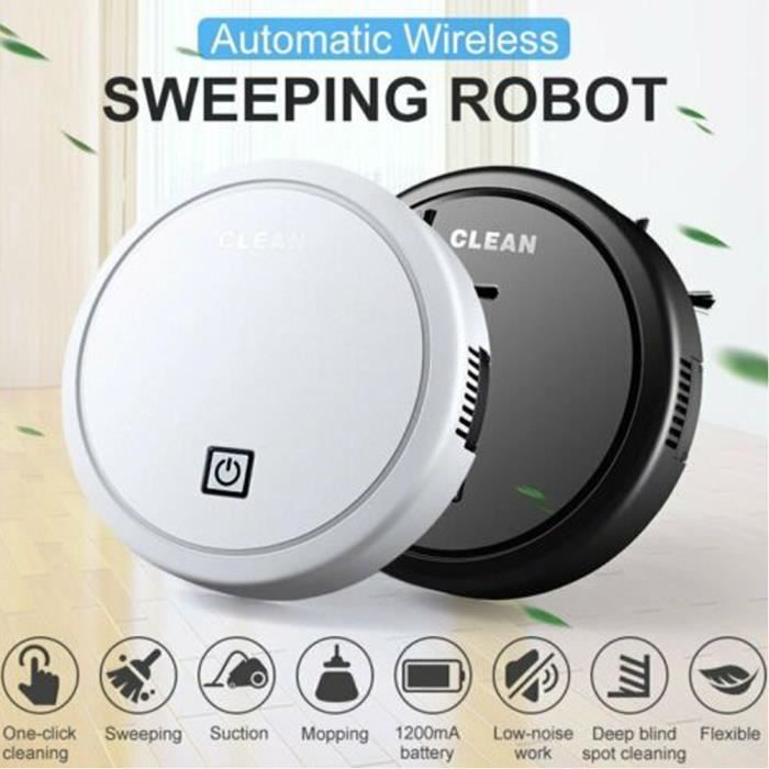 2 en 1 Aspirateur Robot Intelligent 1800Pa Noir - Balayage et Nettoyage des sols puissante Évitez Les Obstacles à Faible Bruit