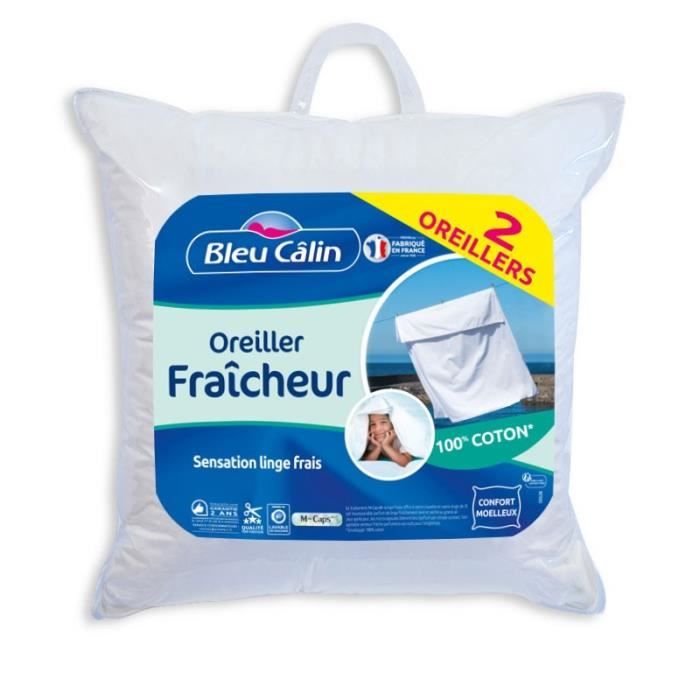 BLEU CALIN Lot de 2 oreillers m-Caps Senteur Linge Frais - 100% coton - 60 x 60 cm