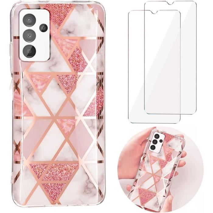 Coque pour Samsung Galaxy A13 5G-A04s avec 2 Verres Trempés, Élégant Résistant Antichoc Silicone Rose