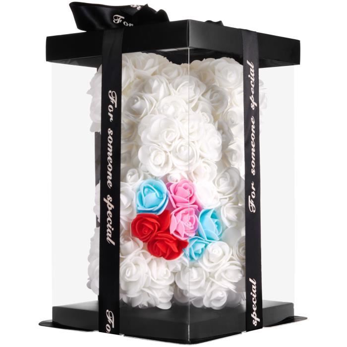 BRUBAKER Ours en Rose avec Coeur 25 cm - Fleurs Cadeau pour l'anniversaire de la Saint-Valentin - Blanc avec Coeur Arc-en-Ciel
