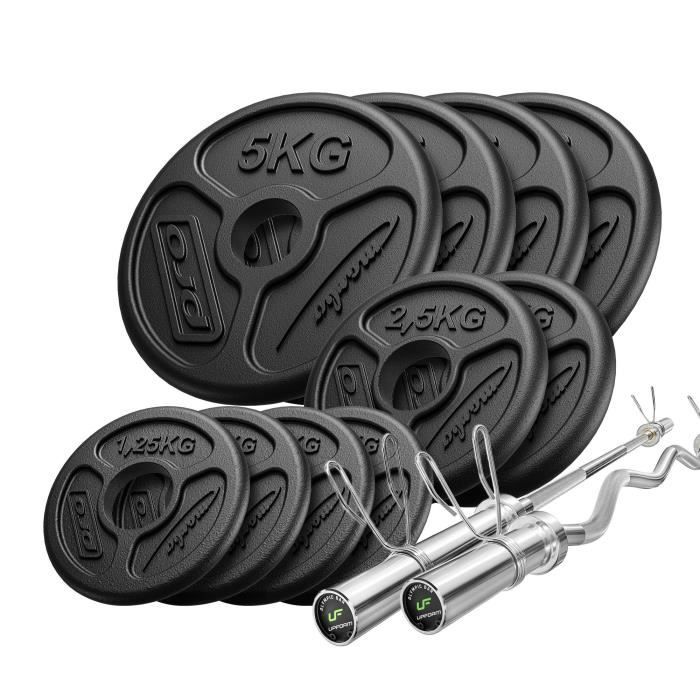 Set 55 kg - Barre d'haltère olympique 180 cm + barre d'haltère incurvée 120 cm + poids en fonte olympiques 2x5kg, 6x2,5kg, 4x1,25kg