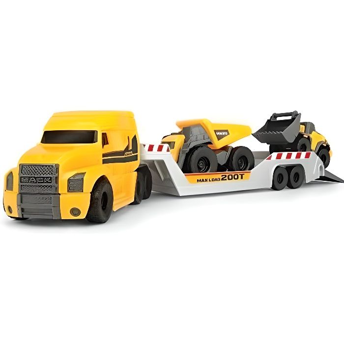Dickie Toys Camion Volvo Mack avec 2 véhicules Volvo sur remorque, Camion-Benne et Chargeur sur Roue, remorque à découpler, pièces M