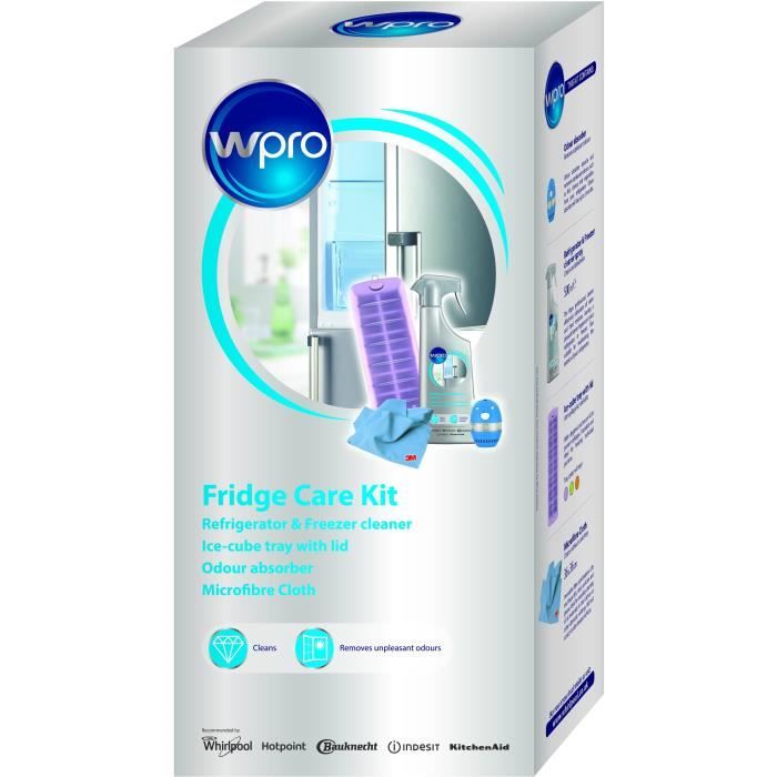 WPRO KFD100 Kit contenant 1 Bac à glaçons avec couvercle + 1 spray nettoyant 500 ml + 1 absorbeur d'odeurs + 1 tissu microfibre 3M