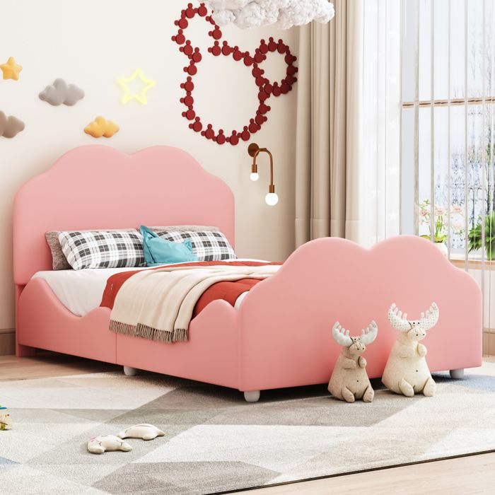 lit enfant 90x200 cm, tête et pied de lit en forme de nuage, lit simple avec sommier à lattes, tissu en velours, rose