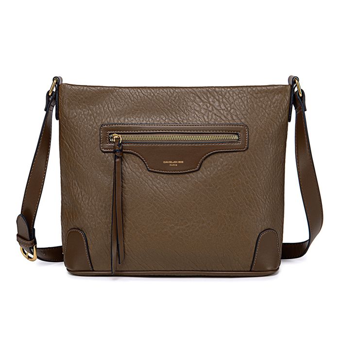 David Jones - Sac Bandoulière Femme Multipoche - Besace Sacoche Sac à Main Porté Epaule Simili Cuir - Pochette Zip - Marron Taupe