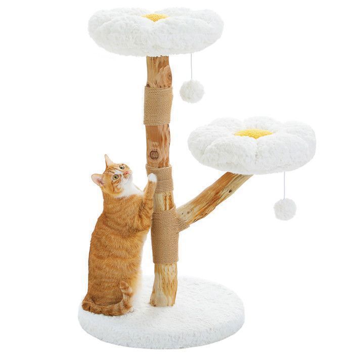 Comparer les prix de PAWZ Road Arbre à Chat Moderne 92 cm avec Poteaux en Poirier Naturel, 2 Perchoirs Fleuris Doux & Pompon Suspendu, Blanc