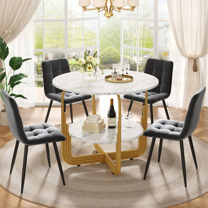 Ensemble Table de Salle à Manger avec 4 Chaises - Table de Cuisine Ronde 80 cm - 2 étagères - Chaises de Salon Gris