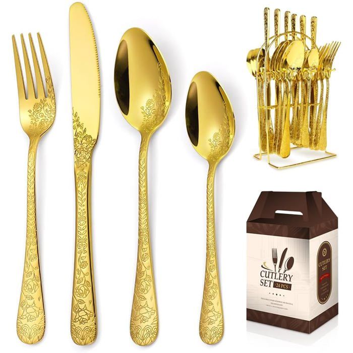 Ménagère 24 pièces - HOME SAFETY - Set de couverts dorés inox - Motif rose gravé - Sans nickel - Compatible lave-vaisselle