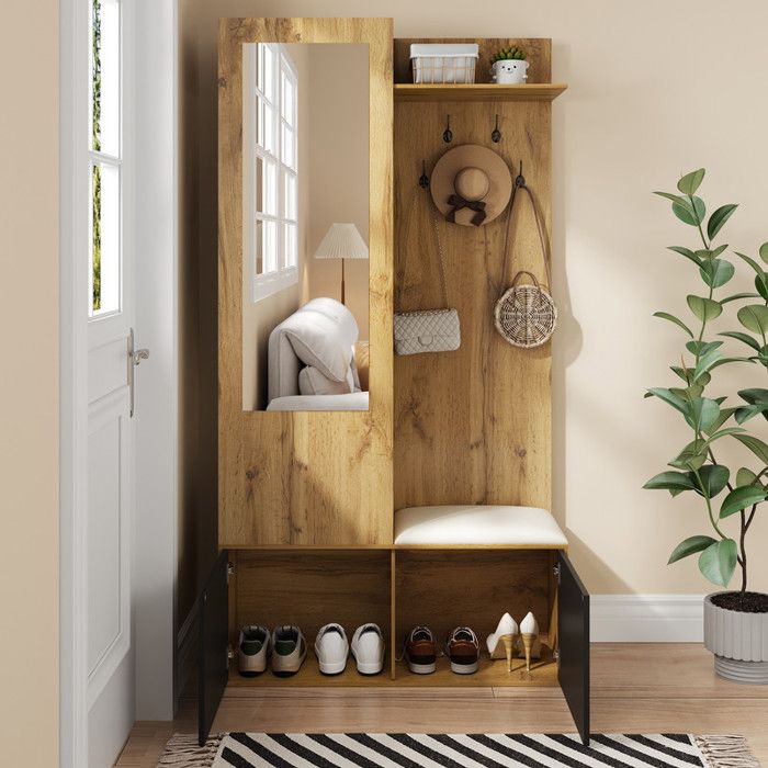 Vestiaire dentrée avec banc à chaussures et patères Meuble entree avec miroir et étagère 100x38x191 cm Natural