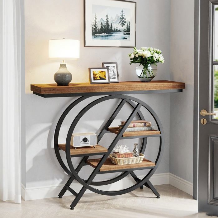 Table console -100 x 30 x 81 cm - avec cadre géométrique en métal - table console étroite Table dentrée pour salon marron clair