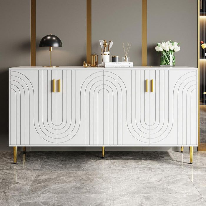 Buffet de cuisine 152×40×75 cm au design ondulé unique Buffet bas avec pieds dorés et poignées Buffet salon en blanc
