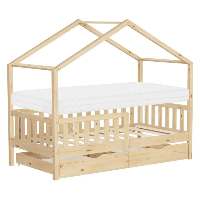 Lit cabane enfant ML-Design 80x160cm naturel avec matelas 2 tiroirs antichute toit sommier à lattes Lit cabane enfant ML-Design 80x160cm naturel avec matelas 2 tiroirs antichute toit sommier à lattes